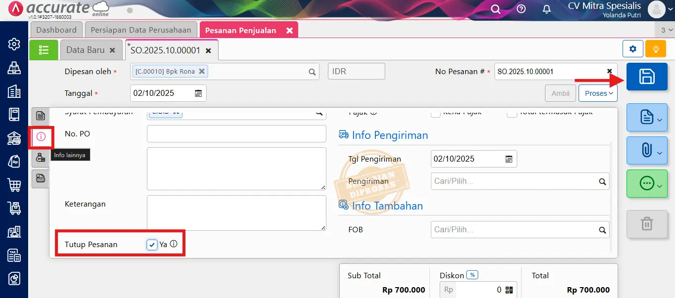 menutup pesanan penjualan